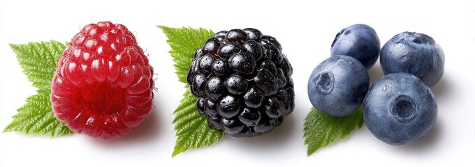 Fresh raspberries, blackberries, and blueberries arranged in a horizontal row