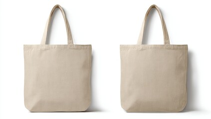 Two beige canvas tote bags, front view, on a white background