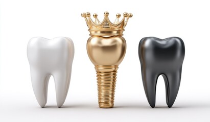 Golden dental implant, flanked by white and black teeth