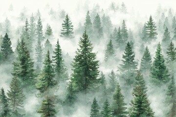 Fototapeta premium Misty evergreen forest. High-angle view