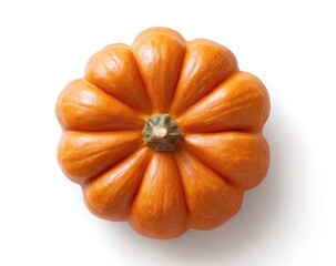 Overhead view of a small, orange pumpkin.  It's a  round, deeply ridged fruit, with a light orange color, centered on a bright white background.  The stem is visible