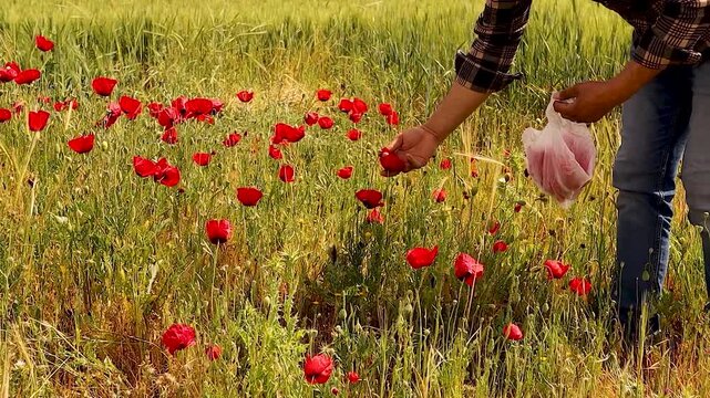 Man carefully collecting red poppy petals in rural Aleppo, Syria, without harming the plant. These petals are traditionally used in folk medicine as a natural remedy for cold, flu, respiratory relief.