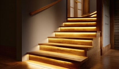Wooden stairs lit by warm, golden LED strip lights