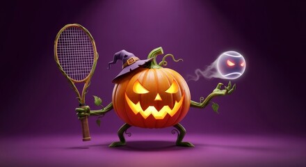 Halloween pumpkin character playing tennis with a spooky glowing ball