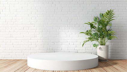 White pedestal, brick wall, plant