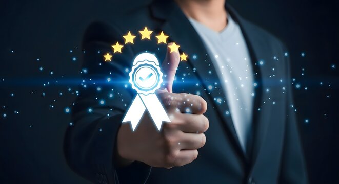 Achieve success concept with quality assurance and customer satisfaction with five stars rating