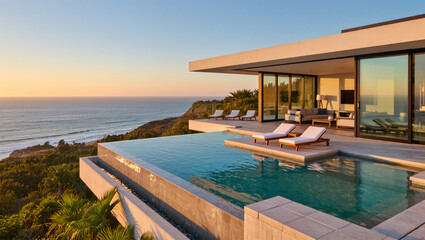 Fototapeta premium Modern Luxury Home with Infinity Pool Overlooking Ocean at Sunset