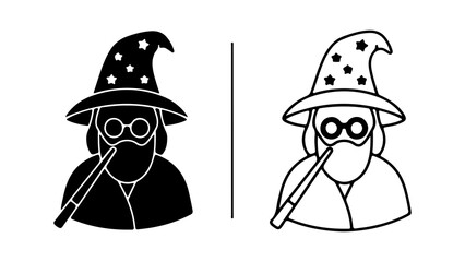 Wizard illustration in black and white with a magic wand and hat.