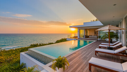 Stunning Modern Villa Infinity Pool Overlooking the Ocean at Sunset