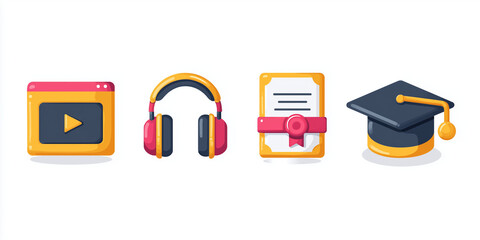 Educational icons including video player, headphones, diploma, and graduation cap, on line education  