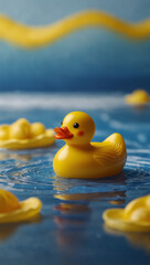Playful Yellow Rubber Duck on Blue and White Striped Waves – Minimalist Whimsical Toy Design