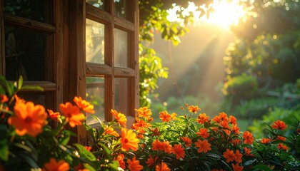 Sunlight streams through a window with orange flowers, illuminating a lush garden with trees and plants. A warm, peaceful scene