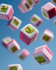 Colorful, cube-shaped candies, suspended in mid-air, against a vibrant blue backdrop.  The candies feature a white center, alternating pink and light-purple, with a small, light-green filling