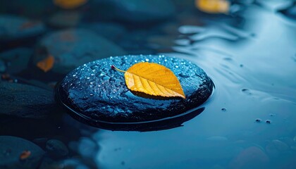 Leaf sits on dark stone in shallow water, a tranquil, minimalist scene with blue hues and blurred background