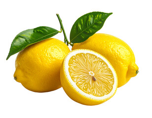 Fresh lemons with leaves, one sliced