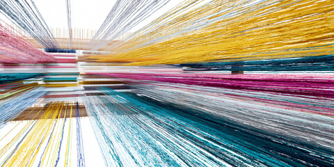 A loom weaving individual threads of data into a cohesive tapestry, data integration. Colorful threads in motion creating an abstract textile pattern  