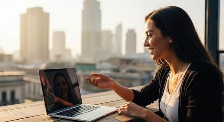 Smiling woman on remote video call with city view