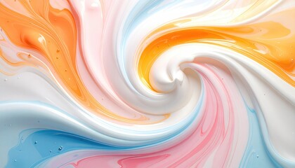 Swirling abstract image of pastel colored fluids blended together, orange, white, pink, and blue creates a soft, flowing, marbled appearance