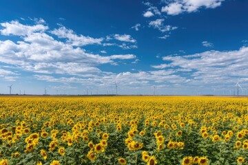 Fototapeta premium Sunflowers field with wind turbines (1)