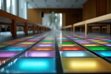 Colorful LED floor tiles in a modern hallway