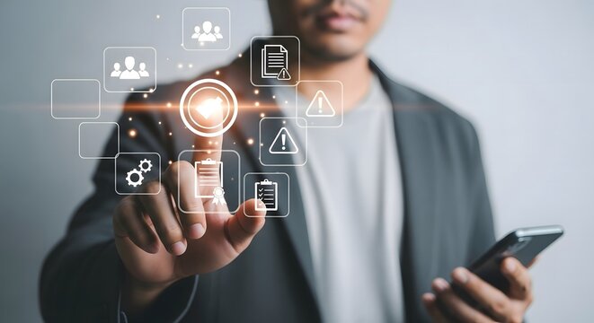 Businessman using digital interface for data analysis and hr management application access - Powered by Adobe