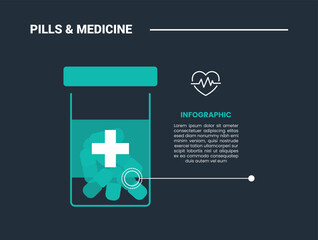 pills and medicine infographic process diagram with big bottle pills with description information with dark background bright outline style 1 points