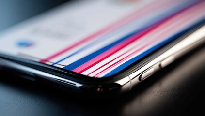 Close-up of a silver smartphone.  Colorful vertical stripes on the screen.  Metallic edge.  Dark background