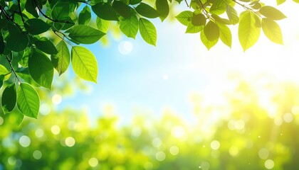 Lush green leaves frame a bright, hazy sky filled with bokeh lights, suggesting sunlight filtering through the trees in a forest canopy