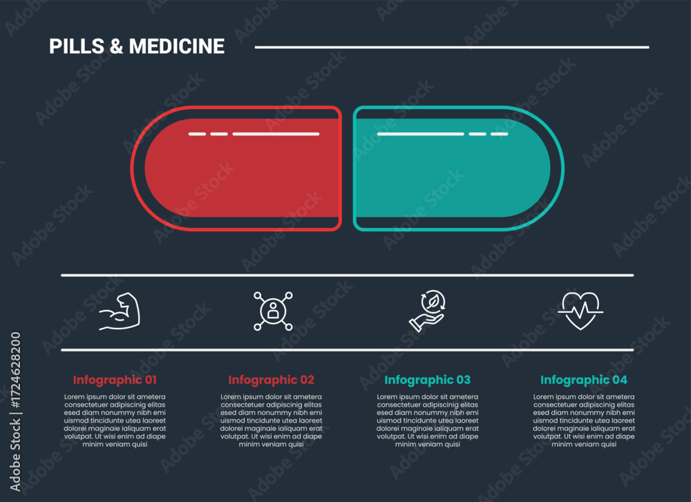 Aufkleber pills and medicine infographic process diagram with laying off horizontal capsule with description a