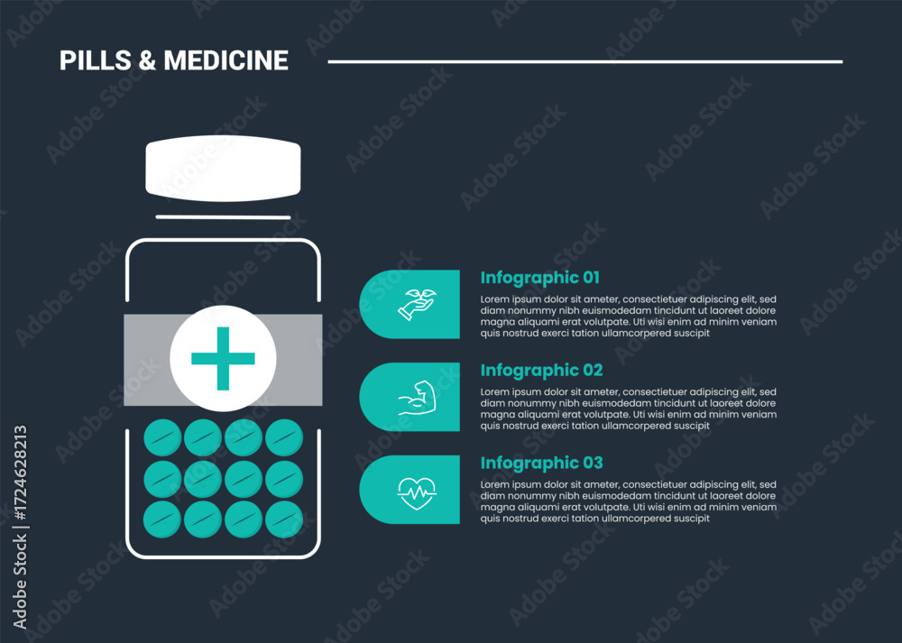 Aufkleber pills and medicine infographic process diagram with transparent capsule with round capsule on stacke