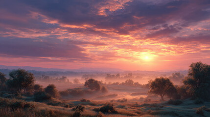 Fototapeta premium Serene landscape during sunrise with vibrant colors in the sky, misty valleys, lush greenery, and distant mountains creating a tranquil atmosphere in nature.