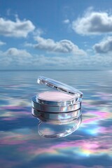 Cosmetic compact on water, iridescent reflection