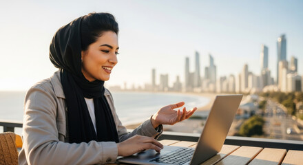 Smiling muslim woman on video call with city skyline