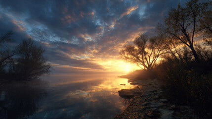 Golden sunrise reflecting on calm water surface with silhouettes of trees along the shore creating a serene and tranquil landscape during early morning hours.