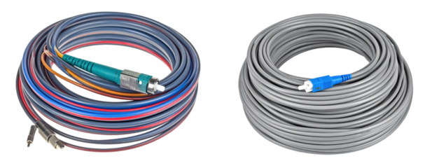 Coiled Fiber Optic Cables Displayed Against Isolated White Background Showing a Teal and Blue Connector with Red and Gray Colors in Studio Lighting