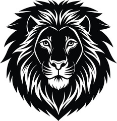 Lion Head Vector Illustration in Black and White with Detailed Mane