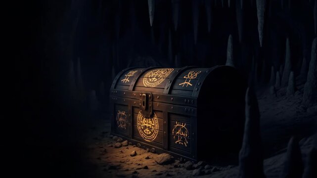 Mysterious treasure chest with ancient symbols in a dark cave, hidden treasure and discovery concept, fantasy, adventure, treasure hunt