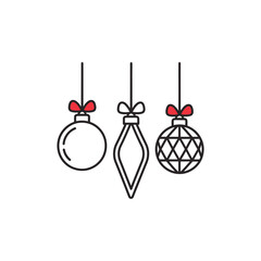 Three hanging Christmas ornaments with bows holiday decoration decorations xmas winter season celebration festive design