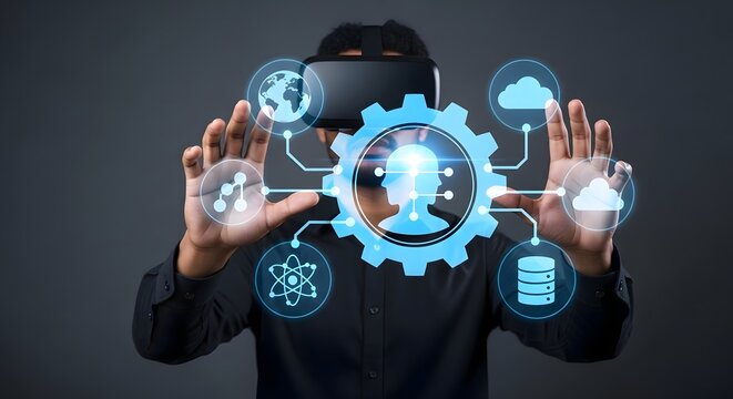 Exploring metaverse vr technology and ai development with virtual reality headset innovation concept - Powered by Adobe