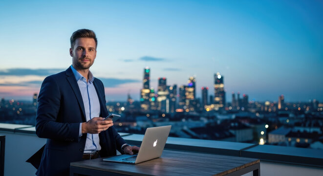 Businessman on phone and laptop with city view