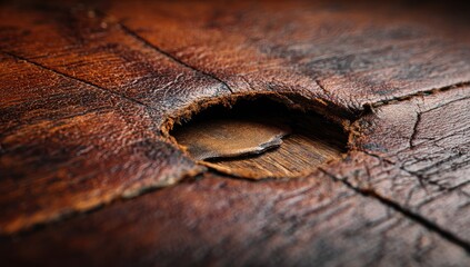 Worn brown leather with a hole