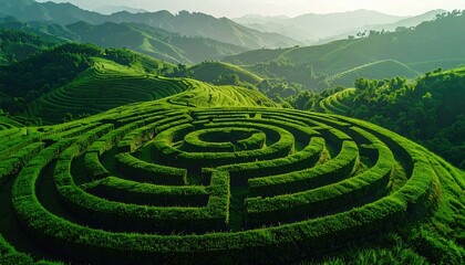 A circular labyrinth of lush greenery sits atop rolling hills, leading towards distant, misty mountains under a soft, ethereal light