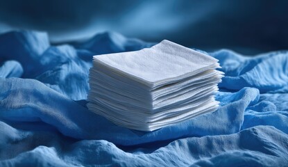 Stack of white cloths on blue fabric