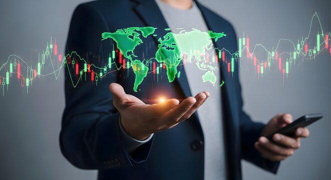 Global market analysis and stock trading concept with world map and investment chart analysis