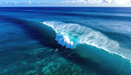 Aerial view of a gigantic turquoise ocean wave crashing, with coral reef visible below the surface, and a surfer in the distance