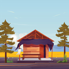 Illustration of a hut with a rural landscape, nature, trees, and sunlight