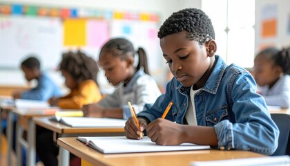 Students focused on writing. Diverse children sit in a bright classroom, pens in hand, working on paper, with desks lined in organized rows
