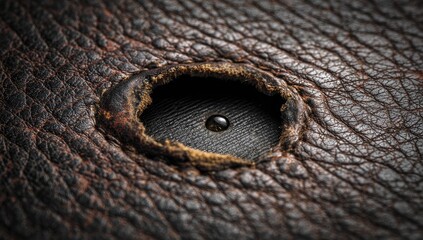 Close-up of aged, textured brown leather with a circular hole