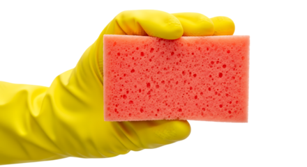 Yellow glove holding pink sponge isolated on a transparent background