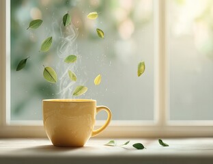A pale yellow mug of steaming herbal tea, with floating, light green leaves, sits on a windowsill bathed in natural light